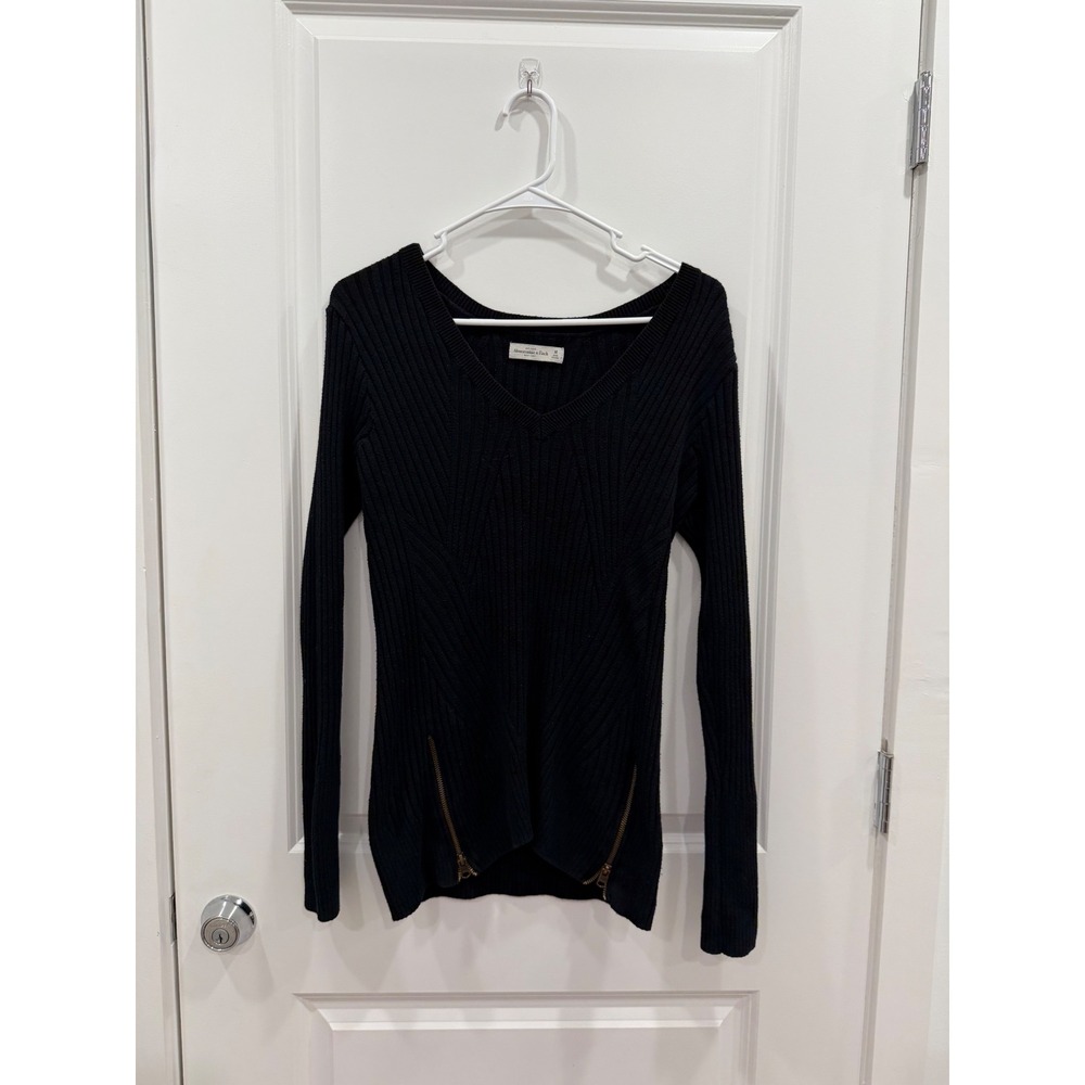 Abercrombie & Fitch Womens Black Ribbed V-Neck Sweater Side Zips Size M